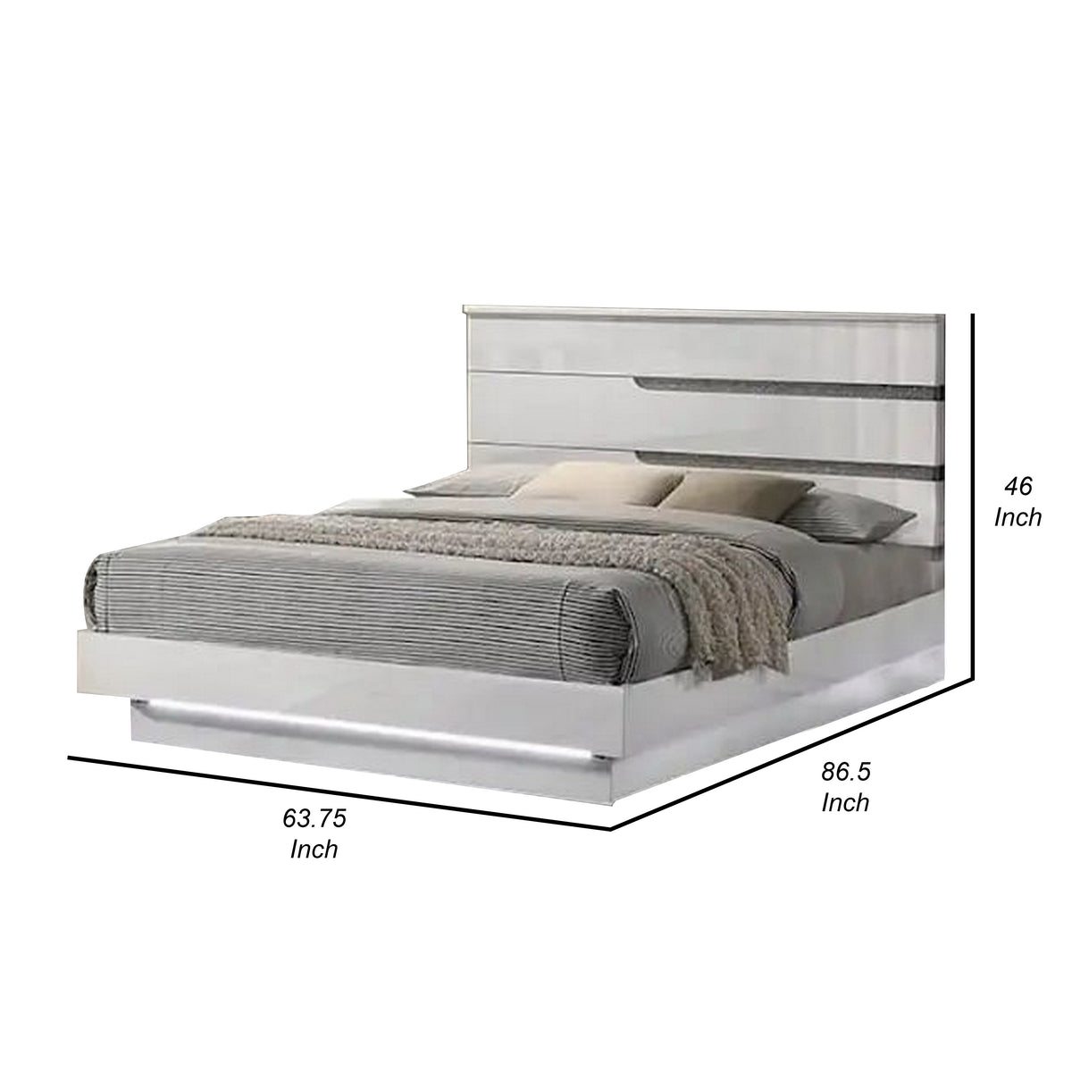 Peis Queen Size Bed, LED, Crystal Accents, Modern Design, Glossy White