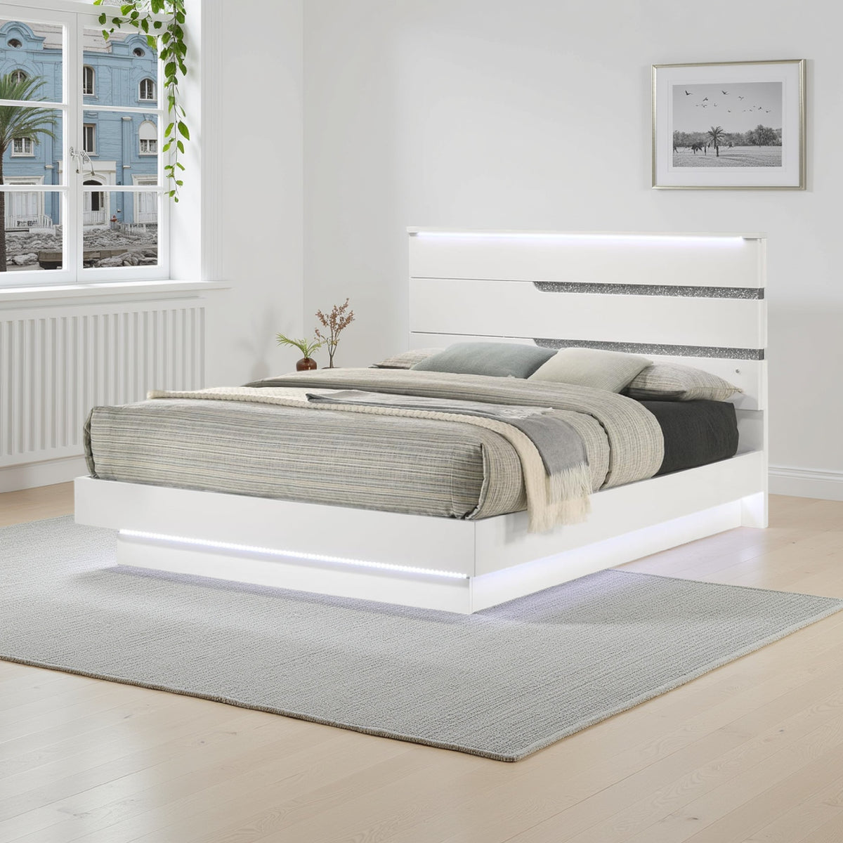 Peis Queen Size Bed, LED, Crystal Accents, Modern Design, Glossy White