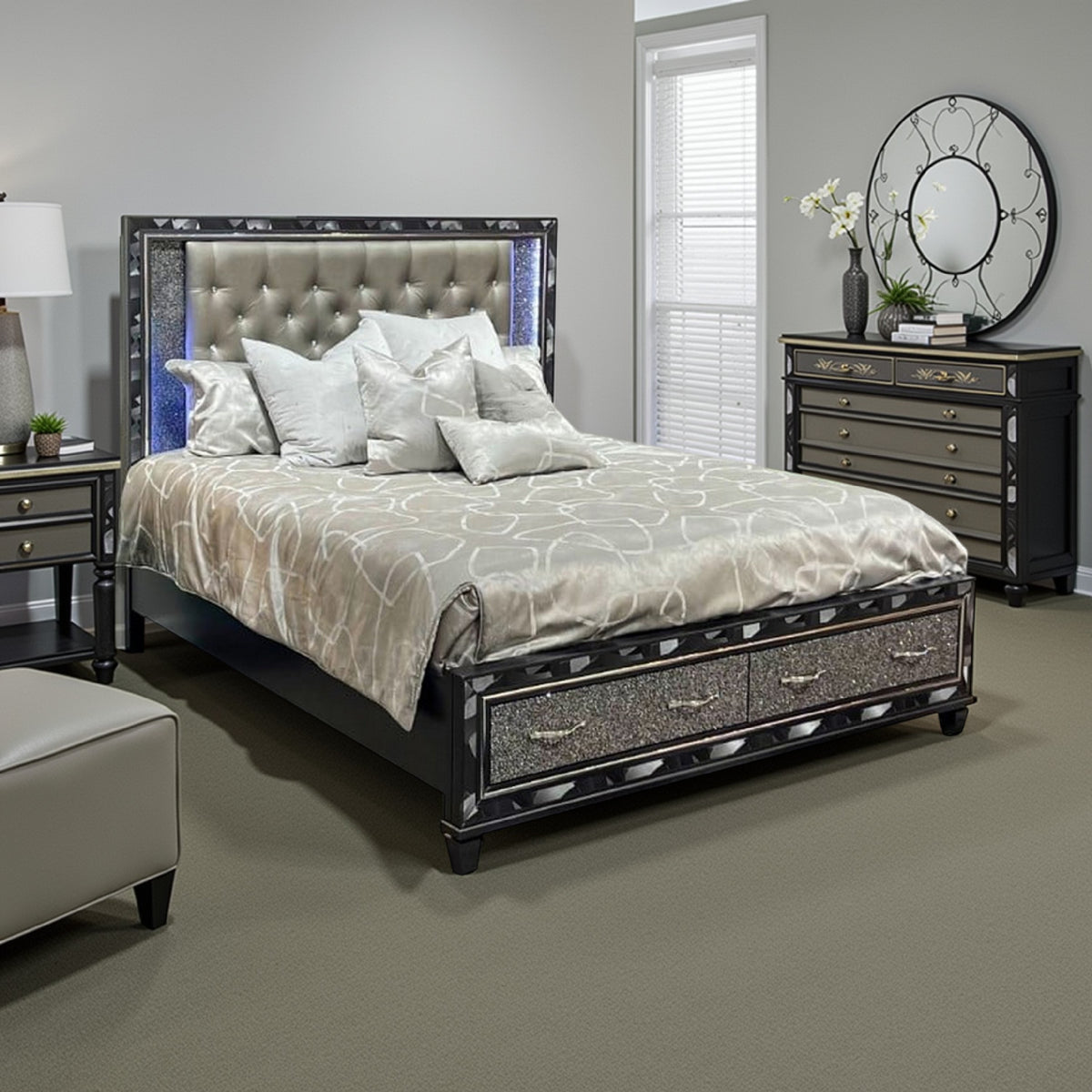 Bet Queen Bed, Silver Faux Leather Upholstery, LED, Crystal Accents, Black