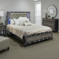 Bet Queen Bed, Silver Faux Leather Upholstery, LED, Crystal Accents, Black