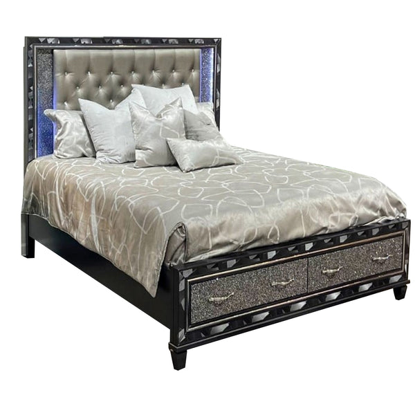 Bet Queen Bed, Storage Drawers, Silver Faux Leather Upholstery, LED, Black