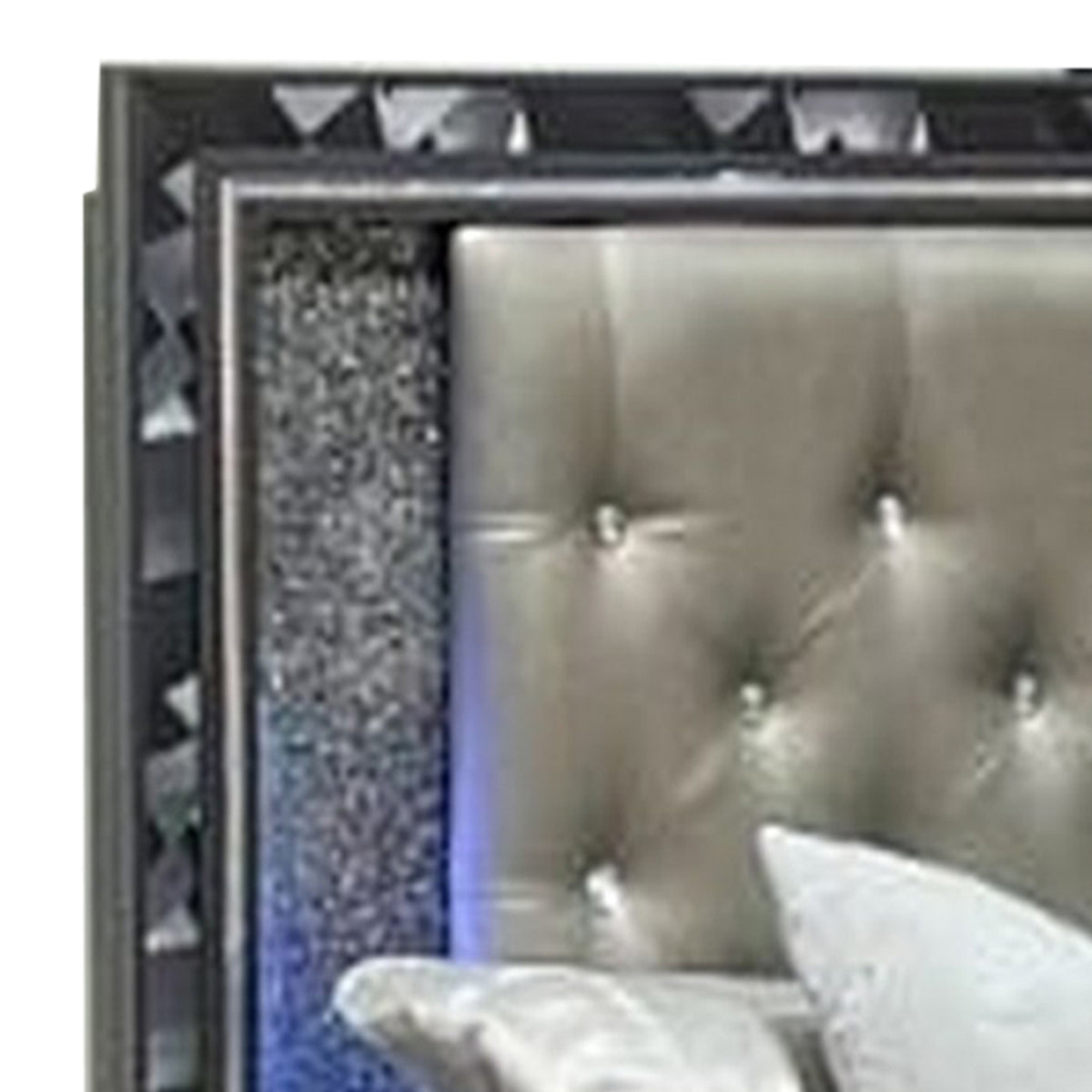 Bet Queen Bed, Storage Drawers, Silver Faux Leather Upholstery, LED, Black