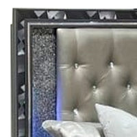 Bet Queen Bed, Storage Drawers, Silver Faux Leather Upholstery, LED, Black