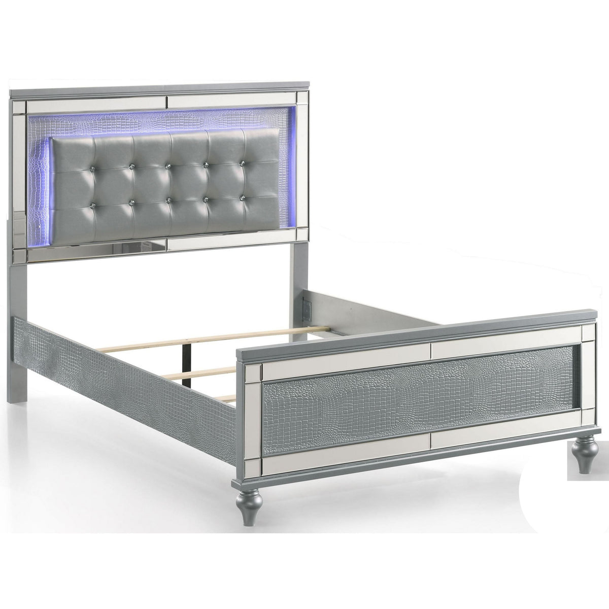 Lee Queen Size Bed, LED, Tufted Faux Leather Upholstery, Textured Silver