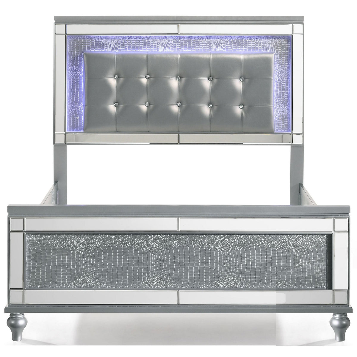 Lee Queen Size Bed, LED, Tufted Faux Leather Upholstery, Textured Silver