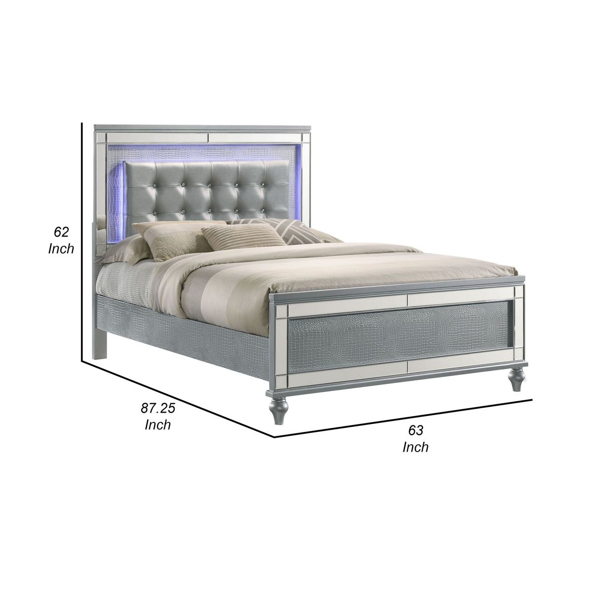 Lee Queen Size Bed, LED, Tufted Faux Leather Upholstery, Textured Silver