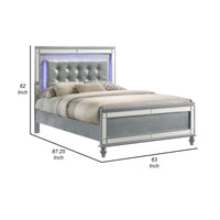 Lee Queen Size Bed, LED, Tufted Faux Leather Upholstery, Textured Silver