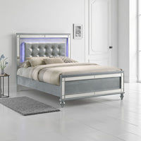 Lee Queen Size Bed, LED, Tufted Faux Leather Upholstery, Textured Silver
