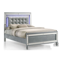 Lee Full Size Bed, LED, Tufted Faux Leather Upholstery, Textured Silver
