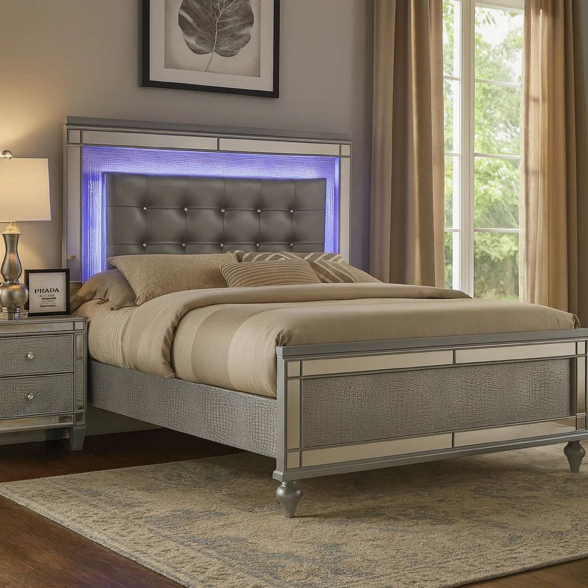 Lee Full Size Bed, LED, Tufted Faux Leather Upholstery, Textured Silver