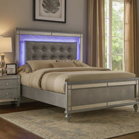 Lee Full Size Bed, LED, Tufted Faux Leather Upholstery, Textured Silver