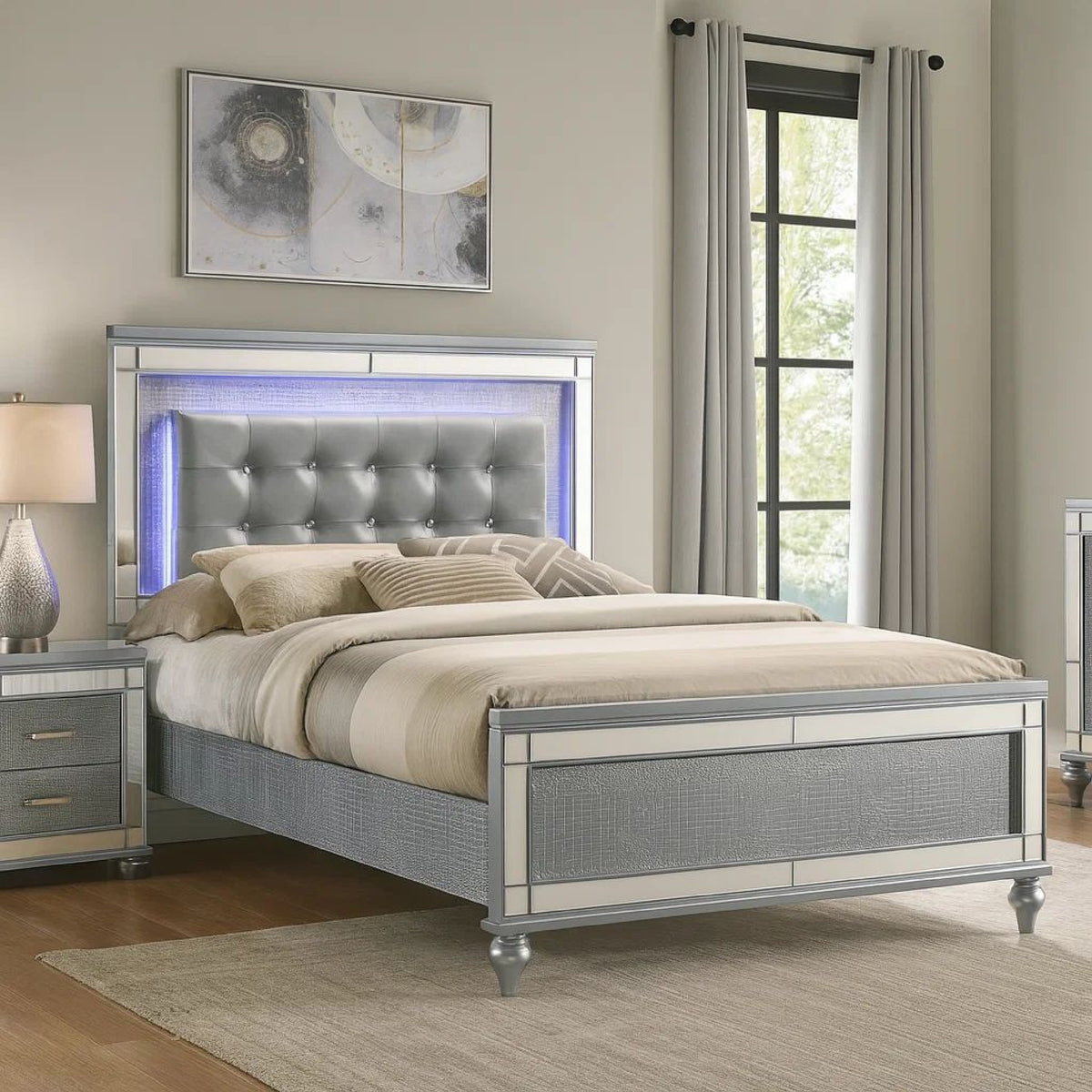Lee Full Size Bed, LED, Tufted Faux Leather Upholstery, Textured Silver