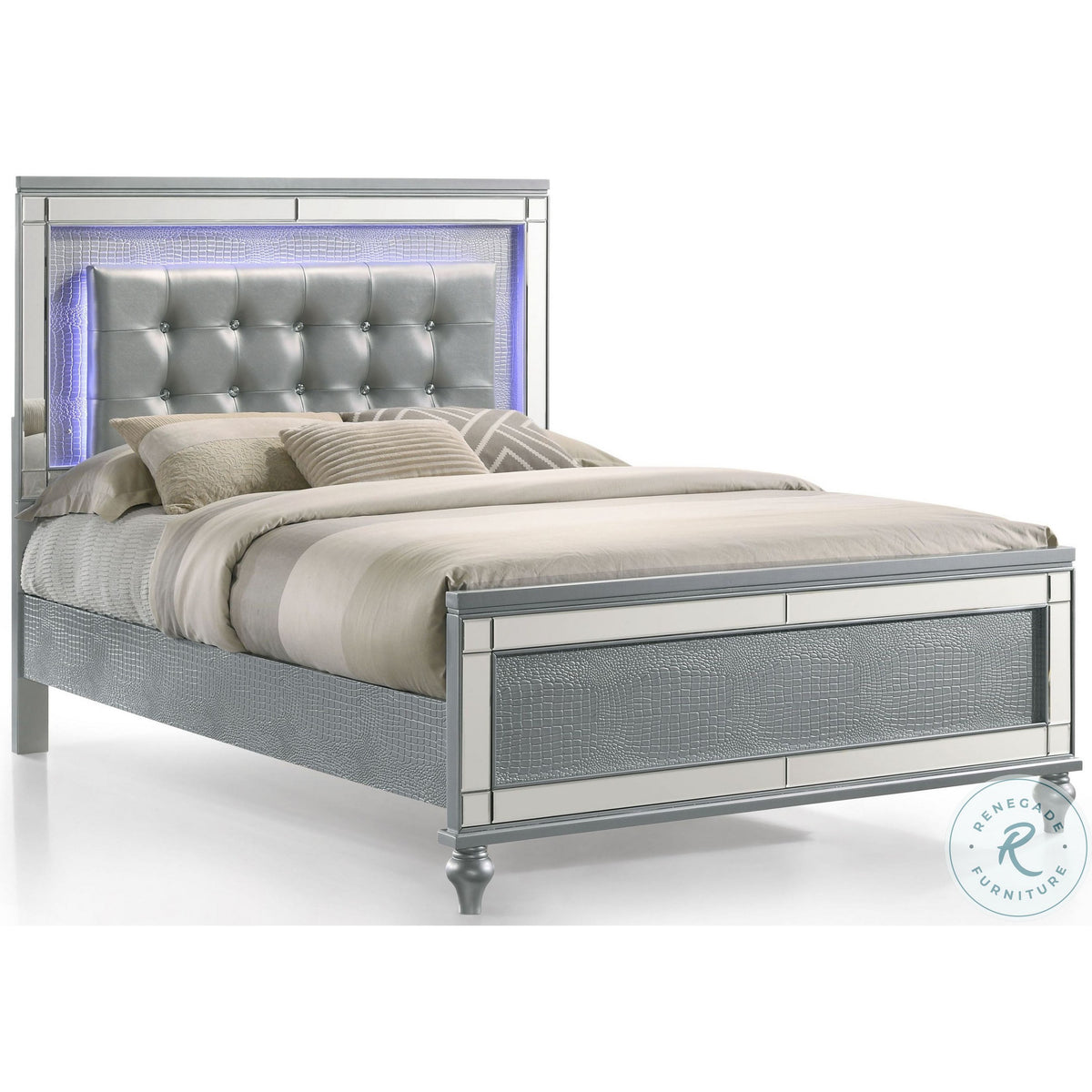 Lee Twin Size Bed, LED, Tufted Faux Leather Upholstery, Textured Silver