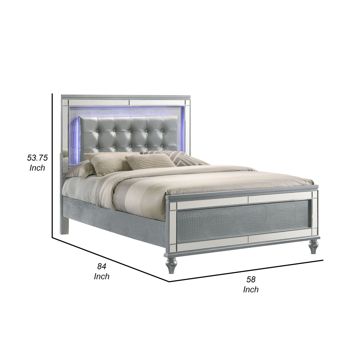 Lee Twin Size Bed, LED, Tufted Faux Leather Upholstery, Textured Silver