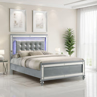 Lee Twin Size Bed, LED, Tufted Faux Leather Upholstery, Textured Silver