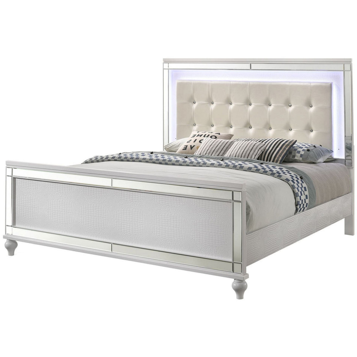 Lee Full Size Bed, LED, Tufted Faux Leather Upholstery, Textured White