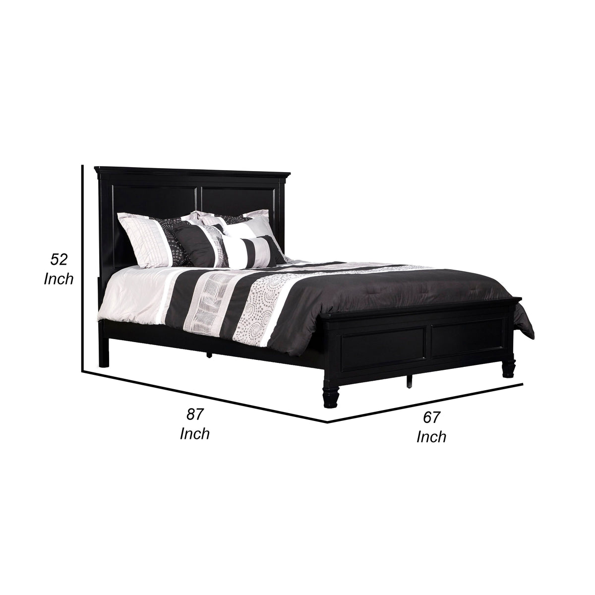 Umi Queen Size Bed, Classic Panel Design with Molded Details, Black Wood