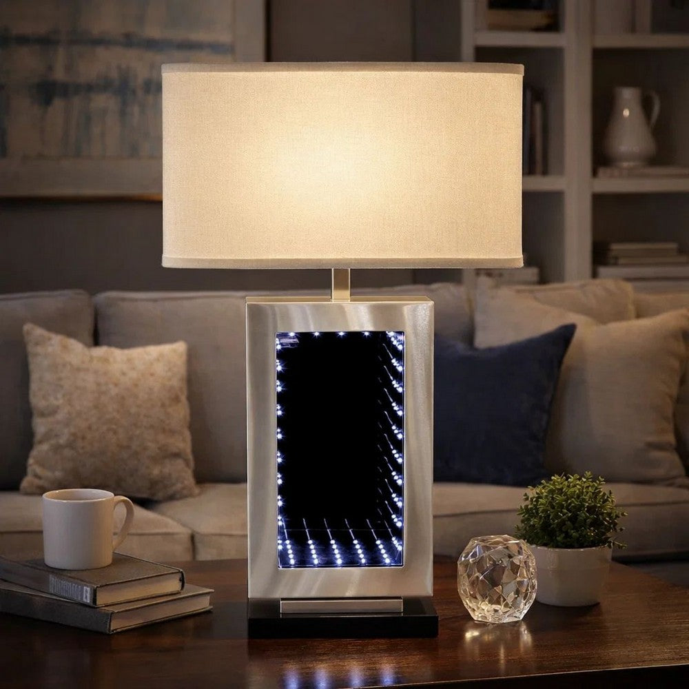 Ziva 27 Inch Table Lamp, LED Night Light, Rectangular Shade, Matte Silver - BM308908