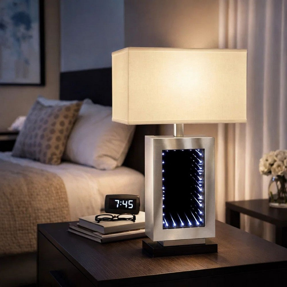 Ziva 27 Inch Table Lamp, LED Night Light, Rectangular Shade, Matte Silver - BM308908