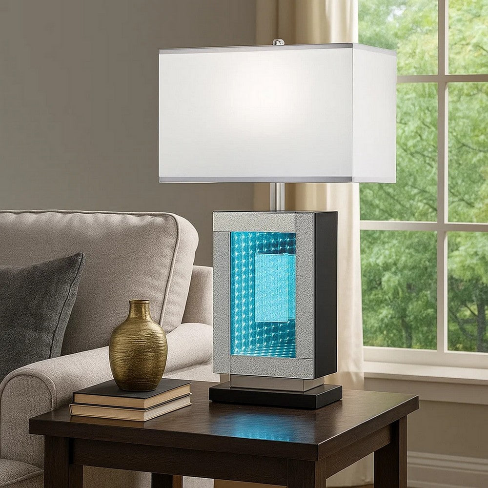 Ziva 27 Inch Table Lamp, LED Night Light, Rectangular Shade, Shiny Silver - BM308909