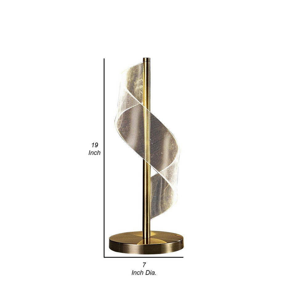 Melly 19 Inch Table Lamp, LED Swirl Ribbon Design, Acrylic, Antique Brass - BM308911