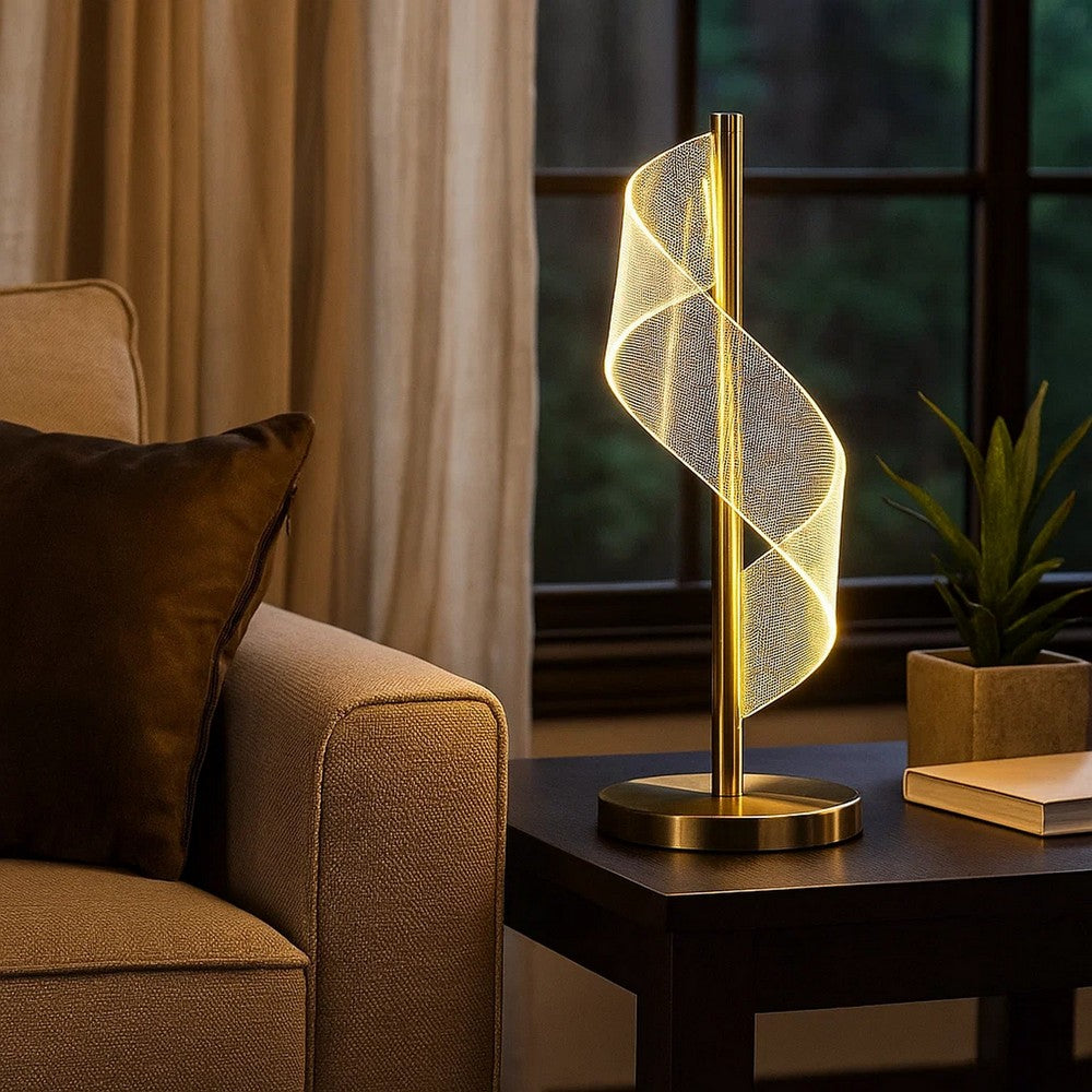 Melly 19 Inch Table Lamp, LED Swirl Ribbon Design, Acrylic, Antique Brass - BM308911