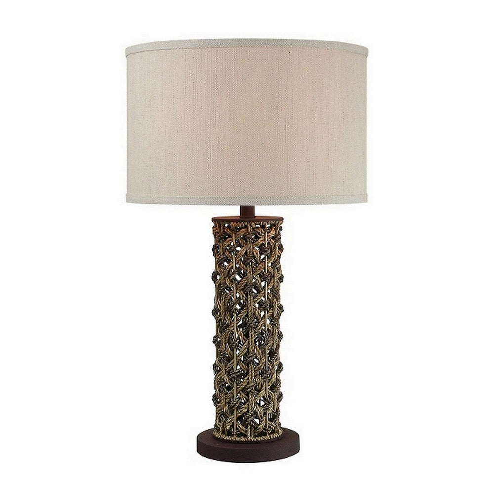 27 Inch Table Lamp, Woven Rope Design, Drum Shade, Rattan Wood, Brown - BM308913