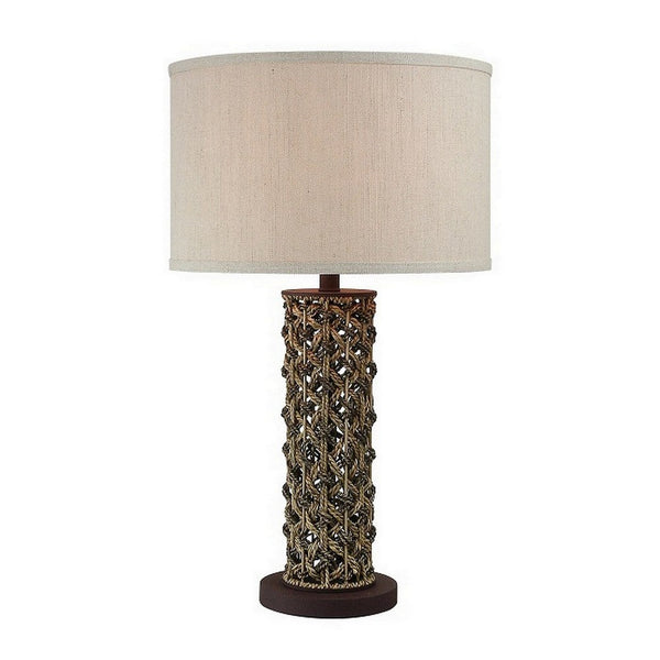 27 Inch Table Lamp, Woven Rope Design, Drum Shade, Rattan Wood, Brown - BM308913