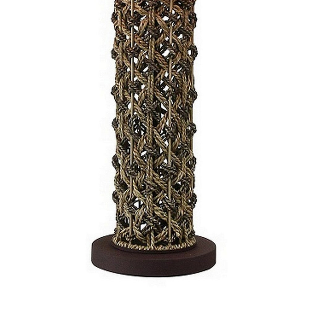 27 Inch Table Lamp, Woven Rope Design, Drum Shade, Rattan Wood, Brown - BM308913