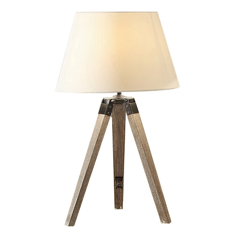 27 Inch Table Lamp, Tripod Legs Base, Empire Shade, Natural Wood, Gray - BM308914