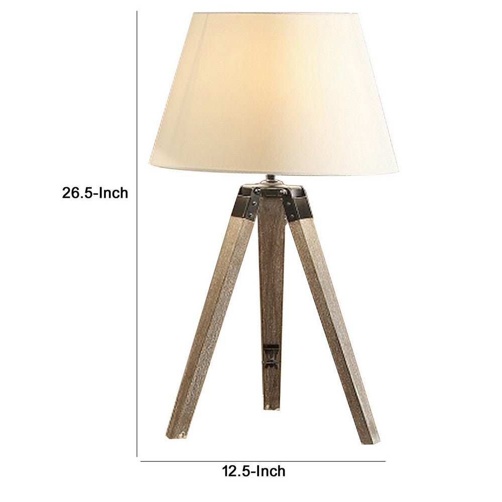 27 Inch Table Lamp, Tripod Legs Base, Empire Shade, Natural Wood, Gray - BM308914