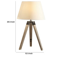 27 Inch Table Lamp, Tripod Legs Base, Empire Shade, Natural Wood, Gray - BM308914