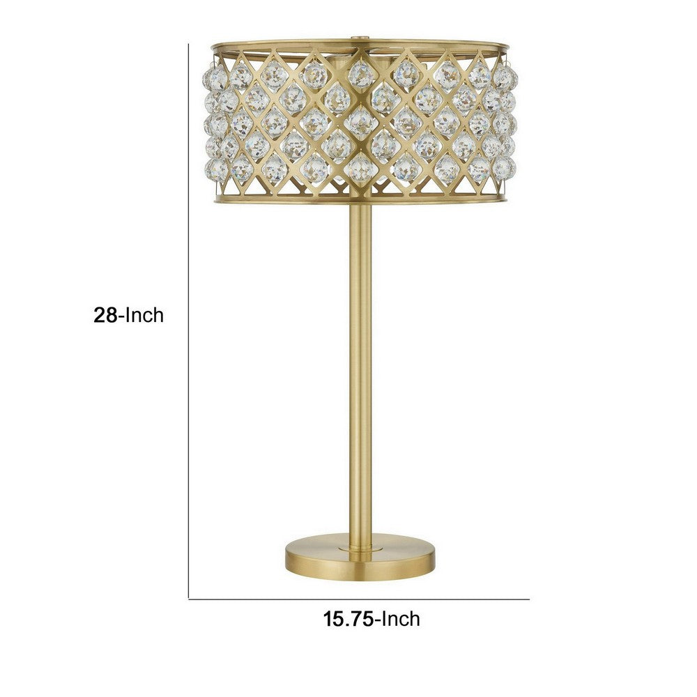 Dany 28 Inch Table Lamp with Crystal Drum Shade, Gold Brass Metal Base - BM308915