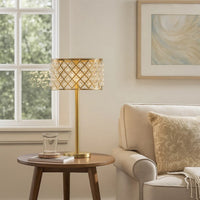 Dany 28 Inch Table Lamp with Crystal Drum Shade, Gold Brass Metal Base - BM308915