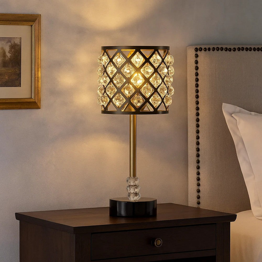 Dany 24 Inch Table Lamp with Crystal Drum Shade, Black Metal, Antique Brass - BM308916