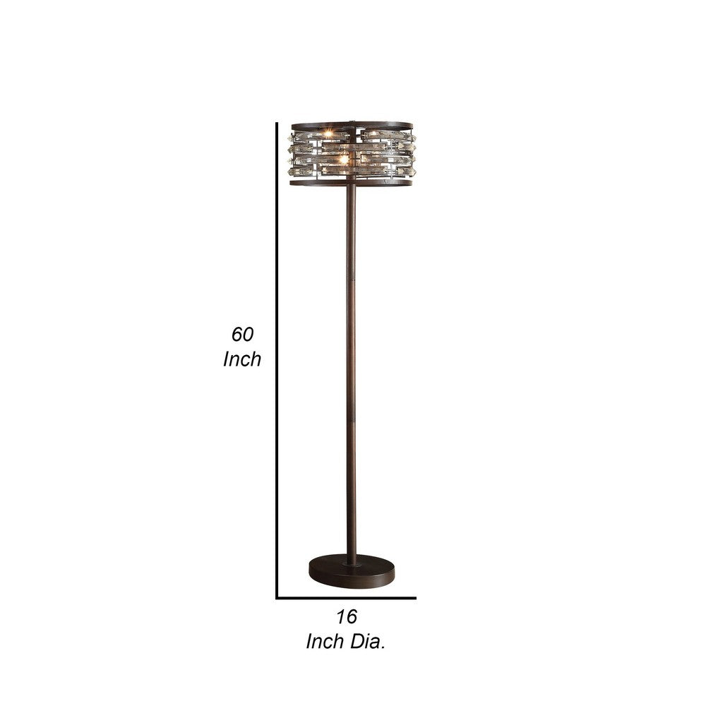 60 Inch Floor Lamp with Crystal Drum Shade, Metal Base, Antique Bronze - BM308918