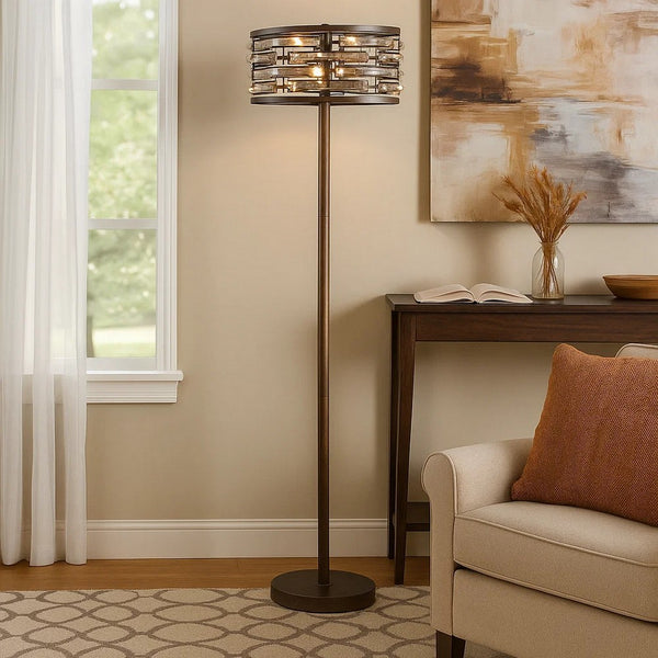 60 Inch Floor Lamp with Crystal Drum Shade, Metal Base, Antique Bronze - BM308918