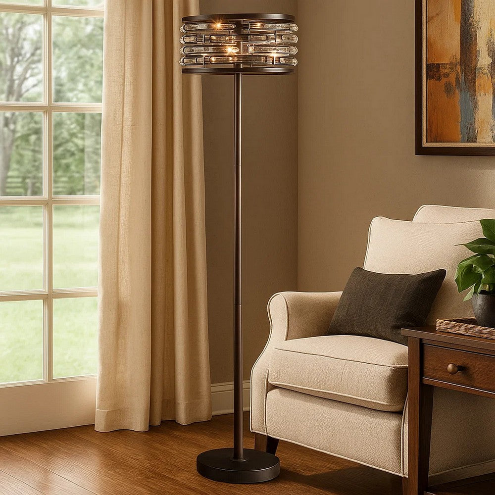 60 Inch Floor Lamp with Crystal Drum Shade, Metal Base, Antique Bronze - BM308918