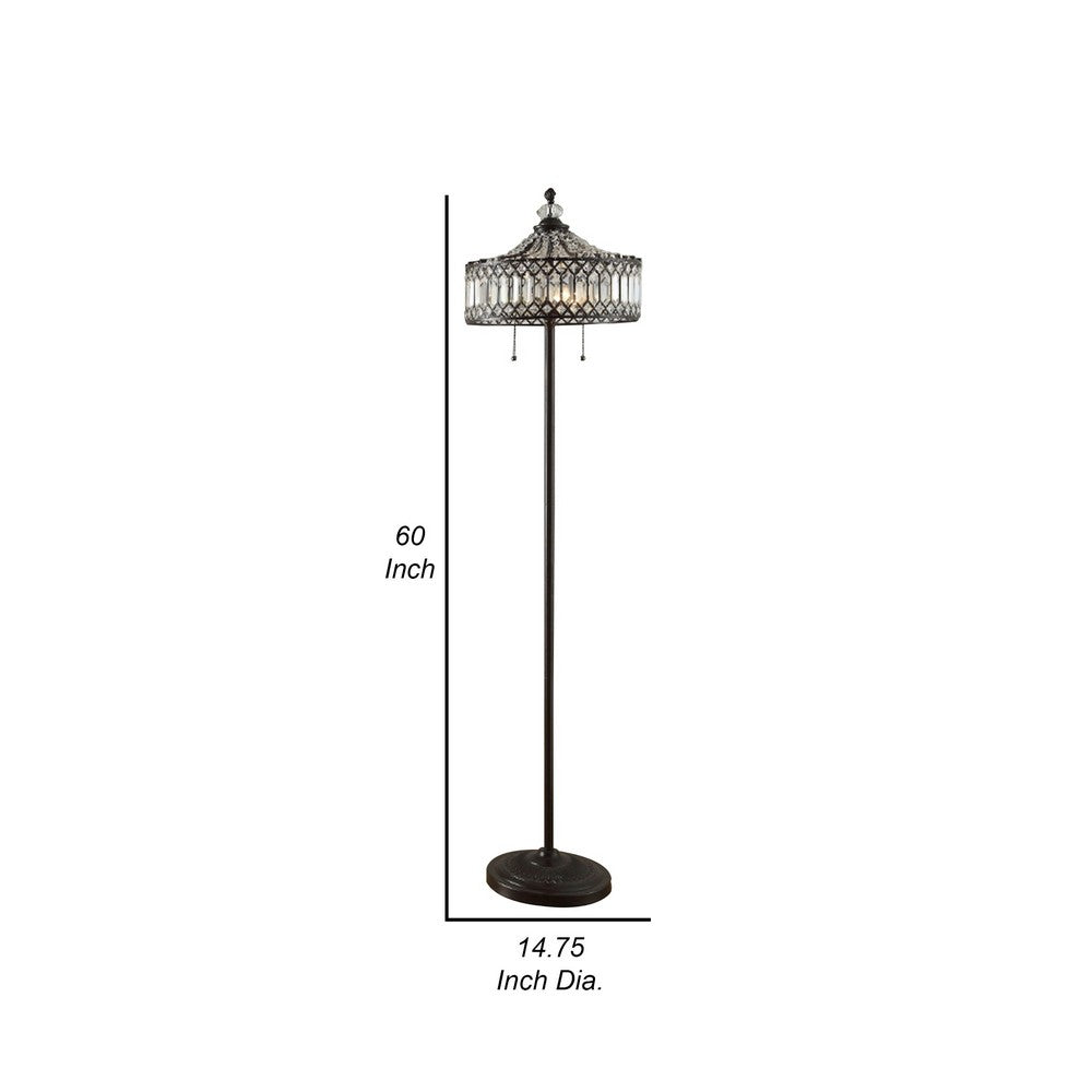 60 Inch Floor Lamp, Crystal Shade, Double Chain, Metal, Antique Bronze - BM308919