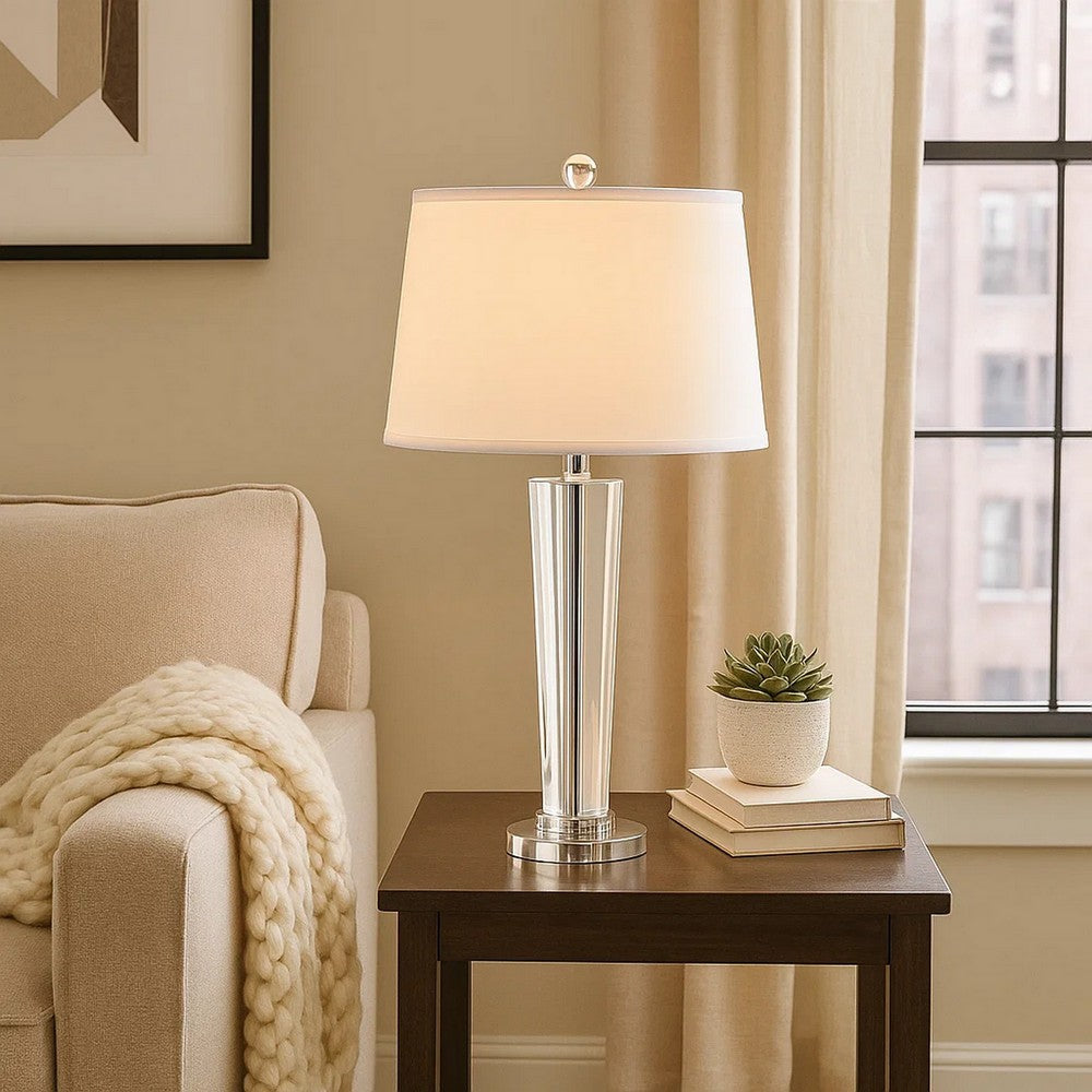 27 Inch Table Lamp with Glass Stand, Empire Shade, Metal, Clear Finish - BM308921