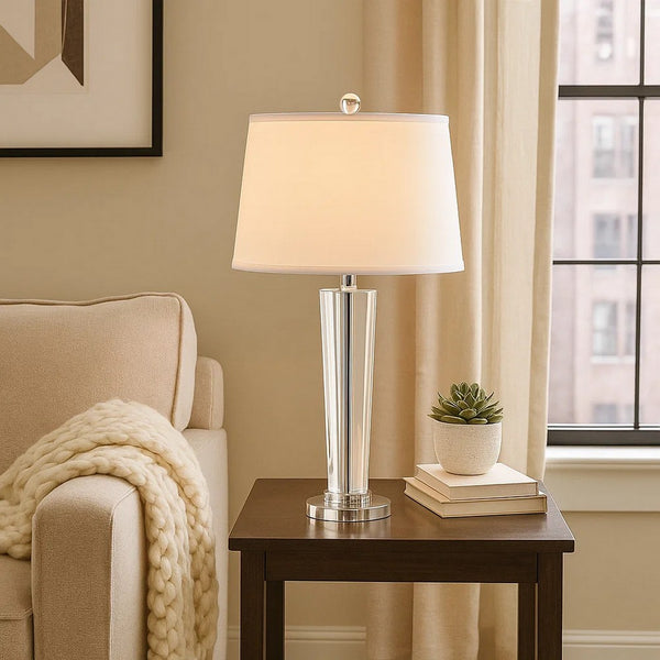 27 Inch Table Lamp with Glass Stand, Empire Shade, Metal, Clear Finish - BM308921