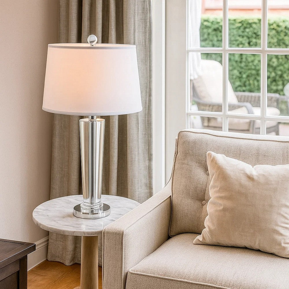 27 Inch Table Lamp with Glass Stand, Empire Shade, Metal, Clear Finish - BM308921