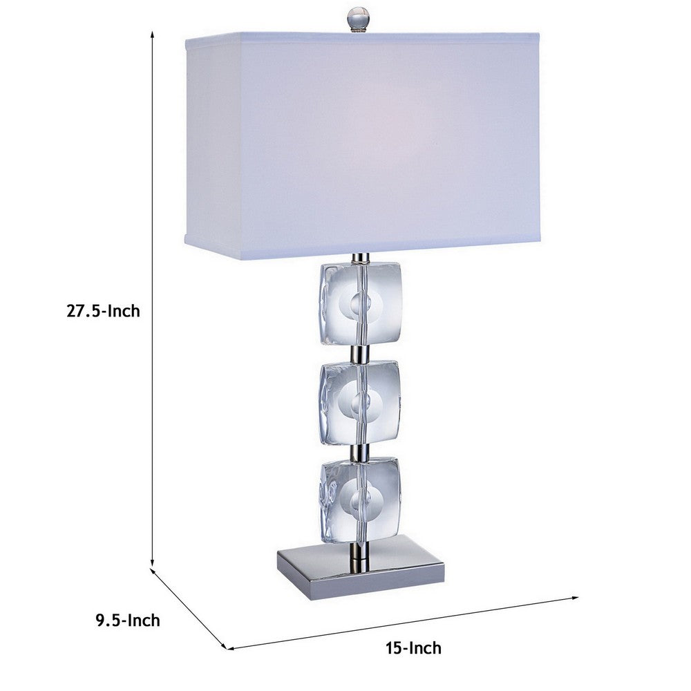 28 Inch Table Lamp, Crystal Stand, White Rectangular Shade, Metal, Clear  - BM308923