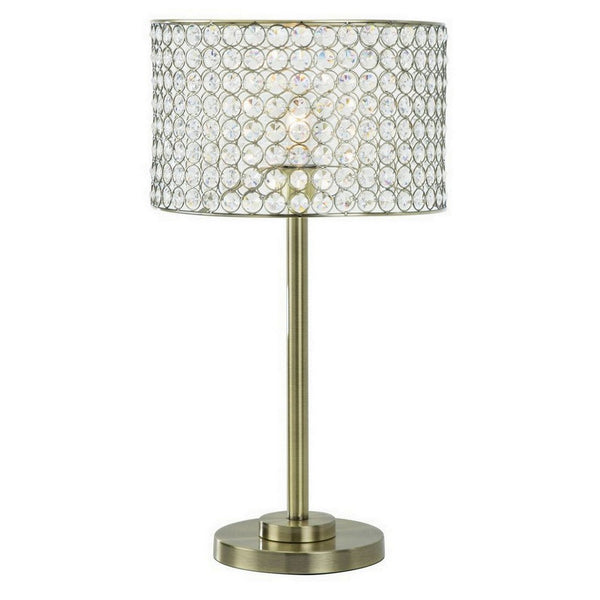 25 Inch Table Lamp with Round Crystal Drum Shade, Metal, Antique Brass - BM308925