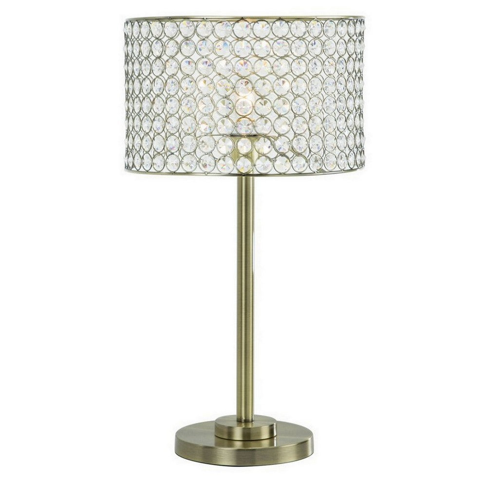 25 Inch Table Lamp with Round Crystal Drum Shade, Metal, Antique Brass - BM308925