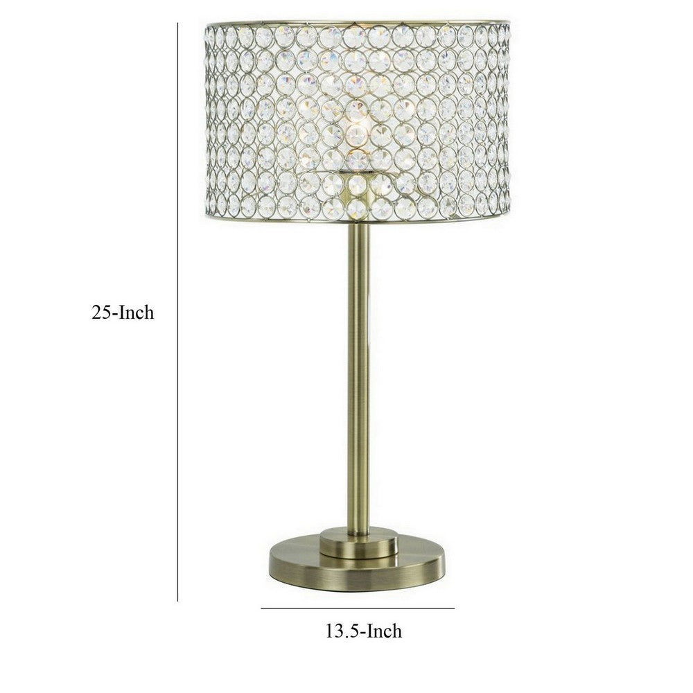 25 Inch Table Lamp with Round Crystal Drum Shade, Metal, Antique Brass - BM308925