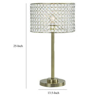 25 Inch Table Lamp with Round Crystal Drum Shade, Metal, Antique Brass - BM308925