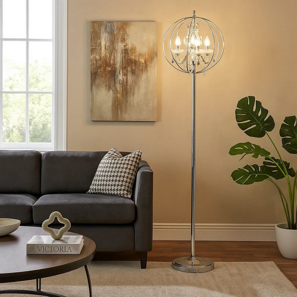 Shine 61 Inch Floor Lamp, Chandelier Style, Crystal and Metal, Chrome - BM308929