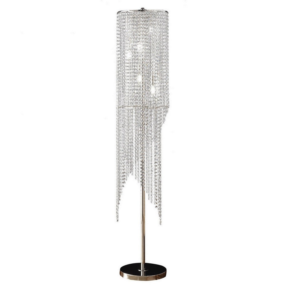 Mindy 62 Inch Floor Lamp, Crystal Raindrops Design, Metal, Clear Finish - BM308930