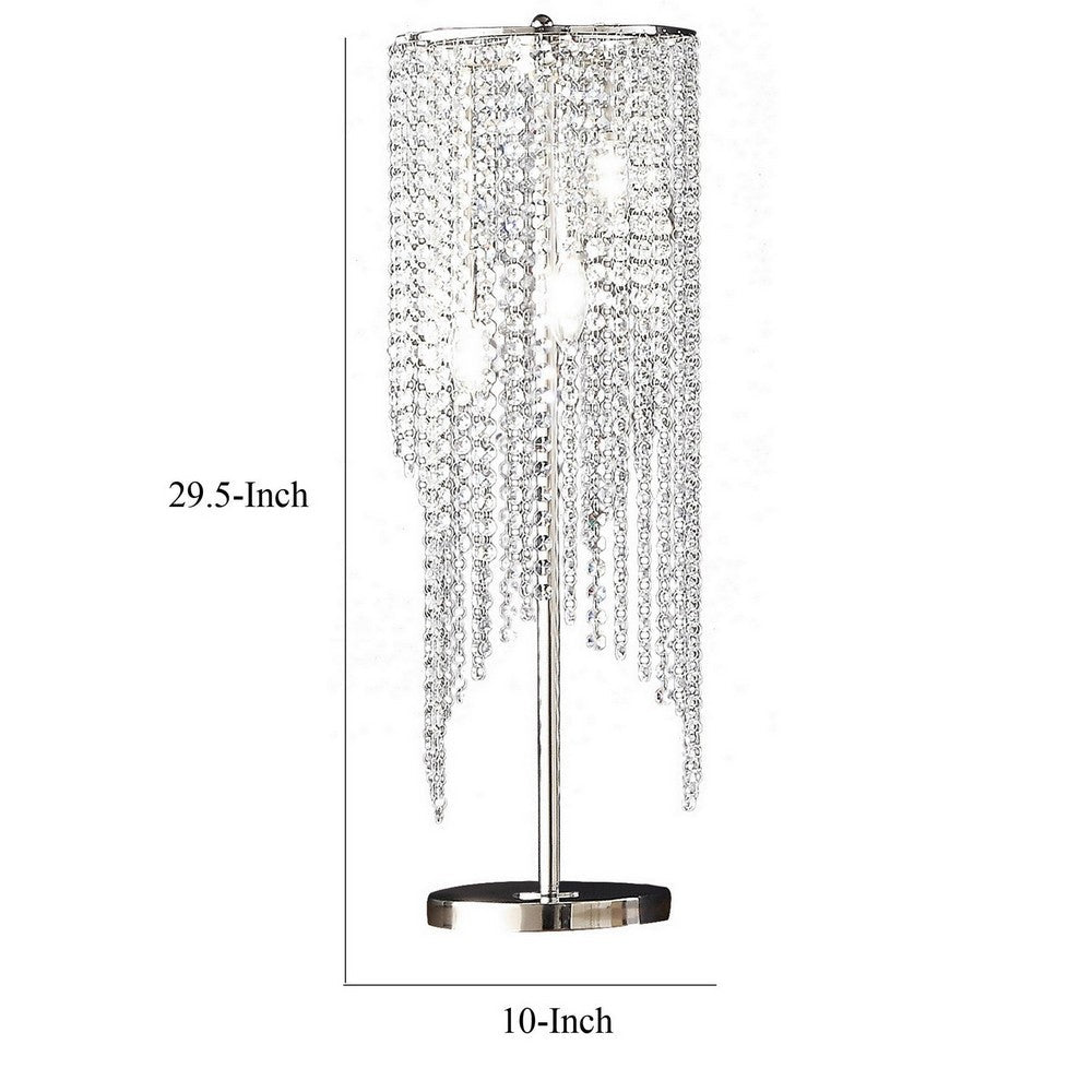 Mindy 30 Inch Table Lamp, Crystal Raindrops Design, Metal, Clear Finish - BM308931